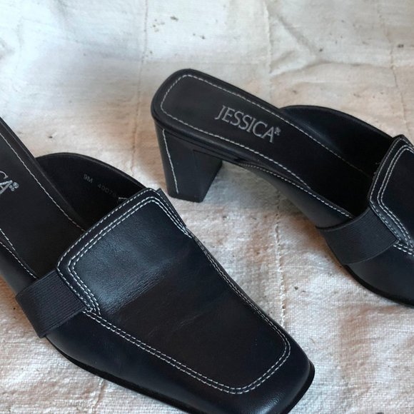 Jessica Navy Leather Square-Toe Shoes Block Heel Mules, Size US 9 - Picture 6 of 8